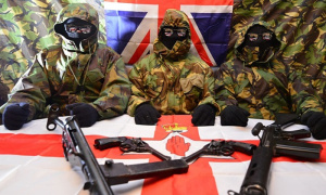 British terrorists pose with an L1A1 Self-Loading Rifle, two Webley Mk IV Service Revolvers, a home-made Sterling submachine gun